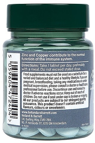 Food Supplement 'Zinc & Copper', 15mg - Holland & Barrett Zinc & Copper — photo N3