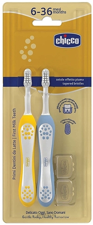 Toothbrush Set for First Teeth, 6-36 months, blue and yellow - Chicco First Milk Teeth (toothbrush/2pcs) — photo N1