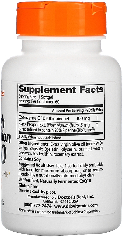 High Absorption Coenzyme Q10 with Bioperine, 100mg, softgels - Doctor's Best — photo N2