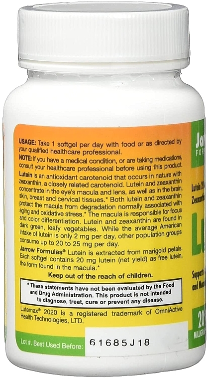 Dietary Supplement "Lutein 20mg" - Jarrow Formulas Lutein 20mg — photo N3