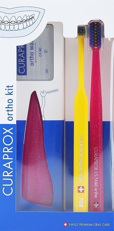 Set, option 30 (pink, yellow, pink) - Curaprox Ortho Kit (brush/1pcs + brushes 07,14,18/3pcs + UHS/1pcs + orthod/wax/1pcs + box) — photo N1