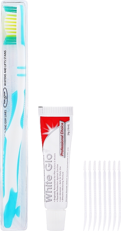 Oral Hygiene Travel Pack, turquoise - White Glo Travel Pack (t/paste/24g + t/brush/1pc + t/pick/8pcs) — photo N1