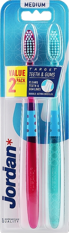 Toothbrush, medium hard, turquoise with scales + pink - Jordan Target Teeth Toothbrush — photo N1