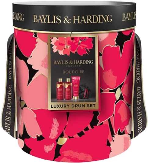 Set - Baylis & Harding Boudoire Cherry Blossom Luxury Pamper Drum Gift Set (b/bubble/300 ml + sh/cr/300 ml + lot/200 ml + polisher/1 pc) — photo N1