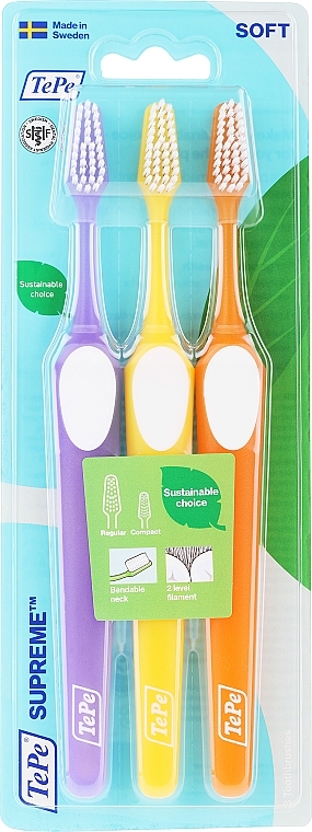 Toothbrush Set, purple+yellow+orange - Tepe Supreme Soft  — photo N1