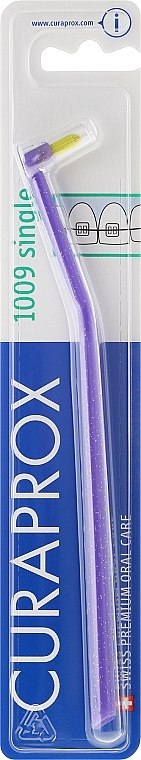 Single-Tufted Toothbrush 'Single CS 1009', purple with glitter and yellow bristles - Curaprox — photo N1