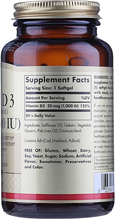 Vitamin D Dietary Supplement - Solgar Vitamin D3 1000 IU Cholekacyferol — photo N4