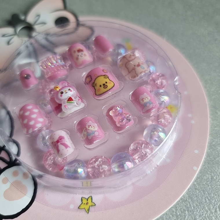 Self-Adhesive 5D Nails for Kids with Bracelet, 932 Teddy bear pink, 12 pcs. - Deni Carte Tipsy Kids — photo N3