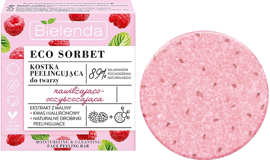 Moisturizing & Cleansing Raspberry Face Peeling - Bielenda Eco Sorbet Moisturizing & Cleansing Face Peeling Bar — photo N1