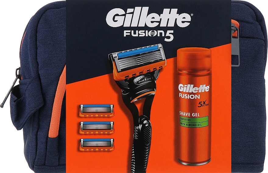 Set - Gillette Fusion 5 (gel/200ml + razor/1pc + blade/3pcs + bag/1pc) — photo N1