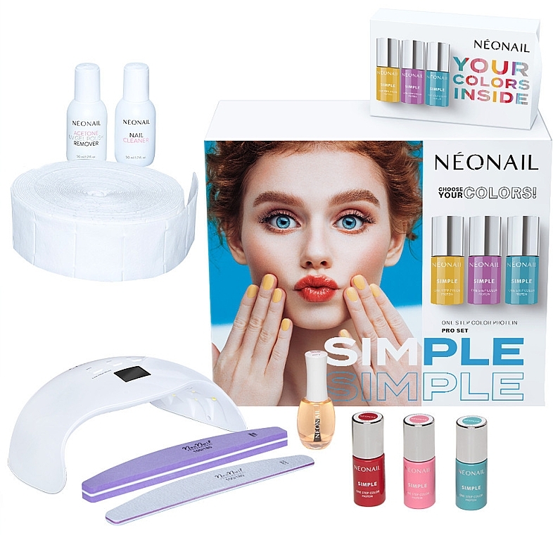 Set - NeoNail Professional Simple One Step Pro Starter Set (n/polish/3x7.2g + lamp + n/cln/50ml + rem/50ml + n/oil/15ml + accessories) — photo N1