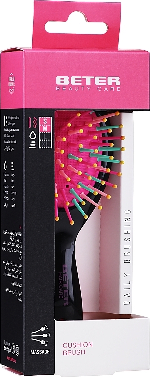 Hair Brush, Nylon Bristles with Round Tip, black and pink - Beter Mini Cushion Brush — photo N1