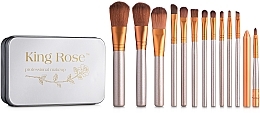 Makeup Brush Set in Cosmetic Bag, 12 pcs, metallic - King Rose — photo N1