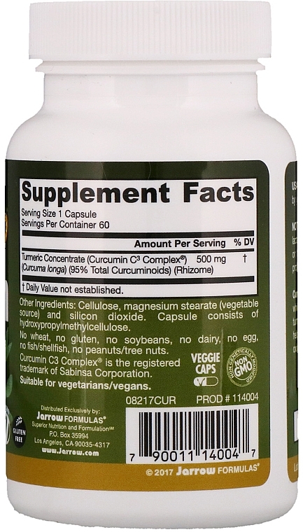 Dietary Supplement "Curcumin 95" - Jarrow Formulas Curcumin 95 500mg — photo N5