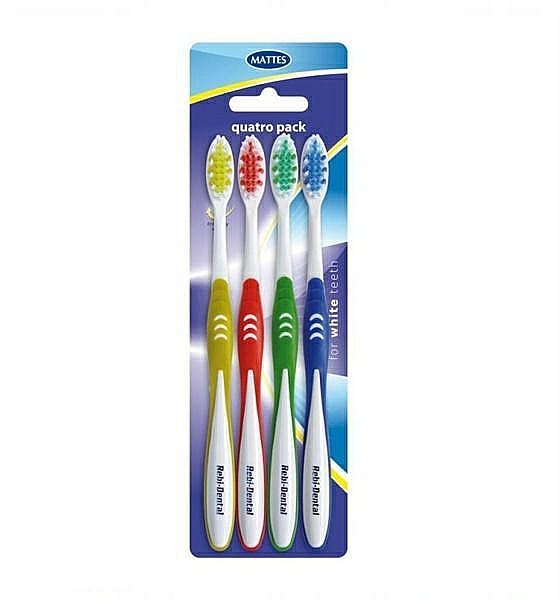 Mattes (4 pcs) - Toothbrush Set Rebi-Dental M458, medium hardness, white+yellow+green+blue — photo N1