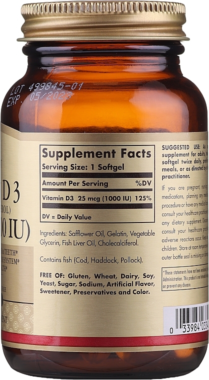 Vitamin D Dietary Supplement - Solgar Vitamin D3 1000 IU Cholekacyferol — photo N6