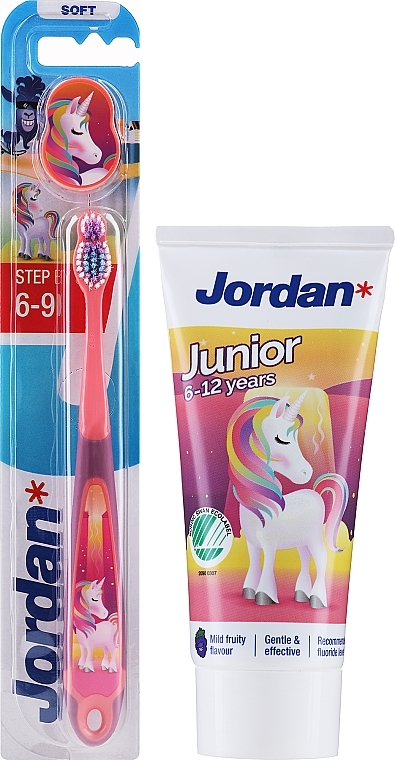 Set 6-12 years, unicorn - Jordan Junior (toothpaste/50ml + toothbrush/1pc) — photo N1