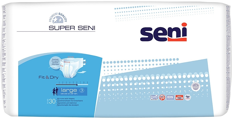 Adult Diapers, 100-150 cm, 30 pcs - Super Art Large 3 Fit & Dry — photo N1