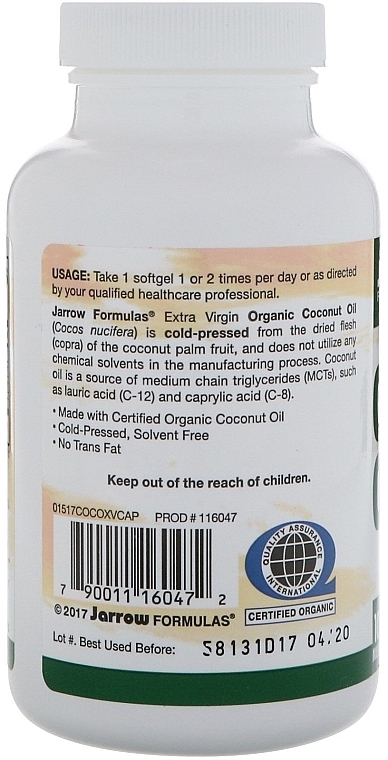 Coconut Oil - Jarrow Formulas Coconut Oil Extra Virgin 1000mg — photo N3