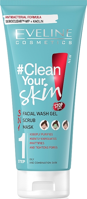 3 in 1 "Gel+Scrub+Mask" - Eveline Cosmetics #Clean Your Skin Facial Wash Gel + Scrub + Mask — photo N1