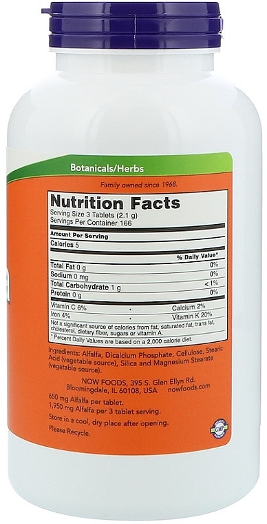 Food Supplement "Alfalfa", 650 mg - Now Foods Alfalfa — photo N4