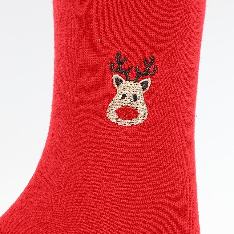 Women's High Socks with Christmas Embroidery, red with deer - Moraj — photo N2