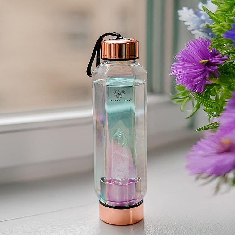 Glass Holographic Water Bottle with Rose Quartz, 650 ml - Crystallove Hexagon Hologram Pink Quartz Bottle — photo N2