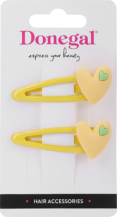 Hair Clips FA-5709, 2 pcs, hearts, yellow - Donegal — photo N1