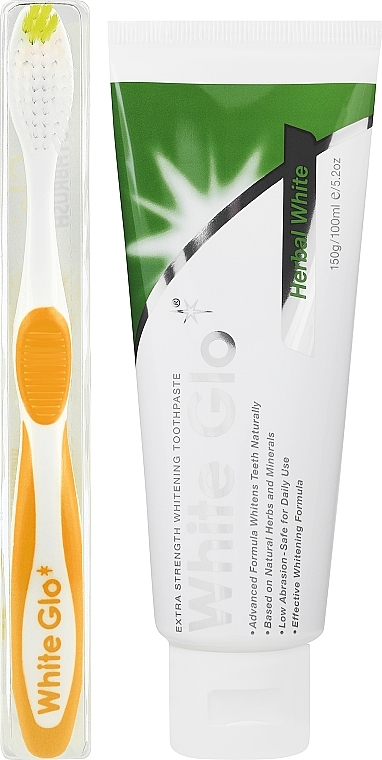 Set with White-Yellow Toothbrush - White Glo Herbal White Set (t/paste/100ml + t/brush/1pc + dental/flosser) — photo N1