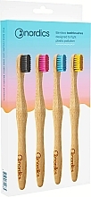 Bamboo Toothbrushes, 4 pcs, with black, pink, blue and yellow bristles - Nordics Aadult Bamboo Toothbrushes — photo N1