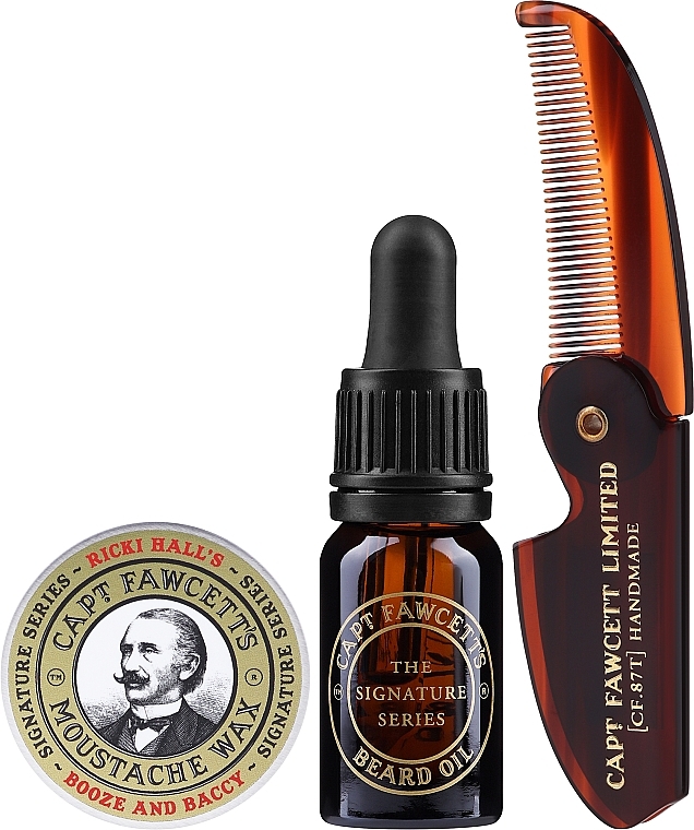 Set - Captain Fawcett Ricki Hall's Booze & Baccy Grooming Survival Kit (oil/10ml + wax/15ml + comb/1pcs) — photo N2