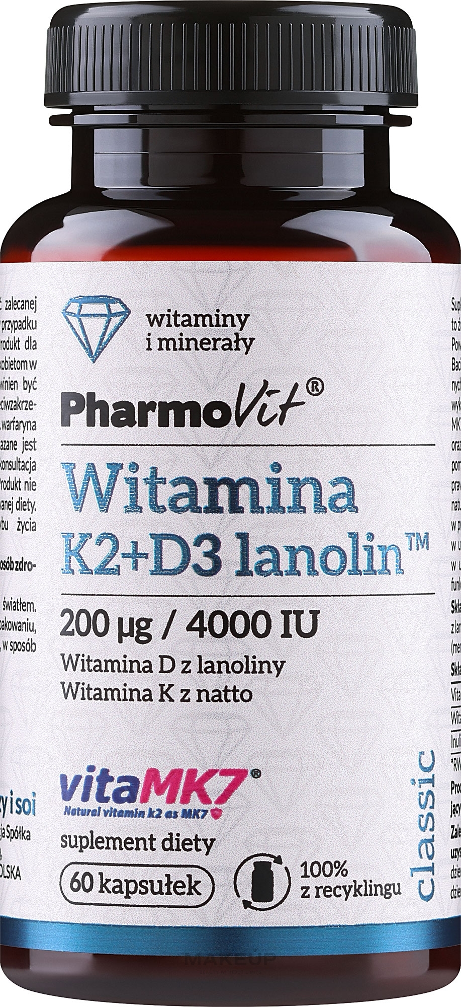 Dietary Supplement "Vitamins K2 + D3" - PharmoVit Classic Vitamin K2 + D3 Lanolin — photo 60 szt.