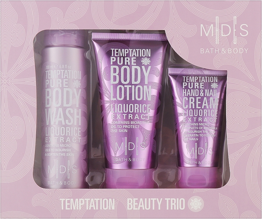 Set "The Temptation of Purity" - Mades Cosmetics M|D|S Bath & Body-Temptation Pure beauty trio (sh/gel/200ml + b/lot/150ml + h/cr/75ml) — photo N1