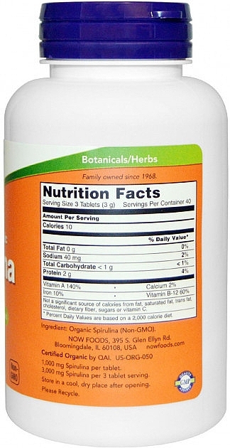 Natural Supplement "Spirulina" 1000 mg, tablets - Now Foods Certified Organic Spirulina Tablets — photo N2