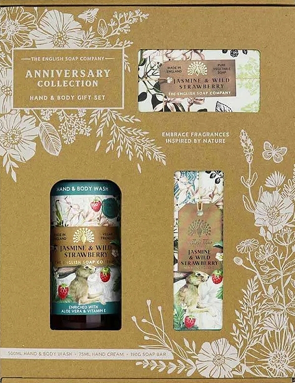 Set - The English Soap Company Anniversary Collection Jasmine And Wild Strawberry Hand And Body Gift Box (soap/190g + h/cr/75ml + h/wash/500ml) — photo N1