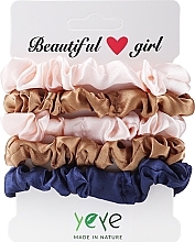 Fragrances, Perfumes, Cosmetics Satin Scrunchie Set, 5 pcs, 2 pink + 2 brown + blue - Yeye