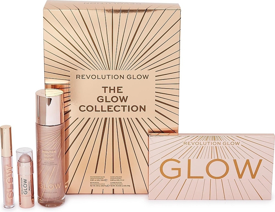 Set - Makeup Revolution The Glow Collection (eye/palette/0.8 g + illuminator/100ml + lip/gloss/2.5ml + beam/stick/18g) — photo N1