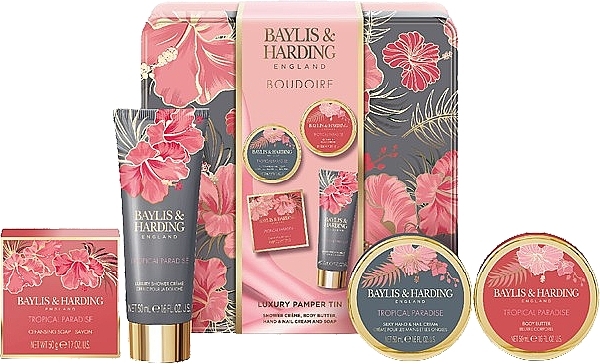 Set - Baylis & Harding Boudoire Tropical Paradise Luxury Pamper Tin Gift Set (sh/cr/50ml + b/butter/50ml + soap/50g + cr/50ml) — photo N1