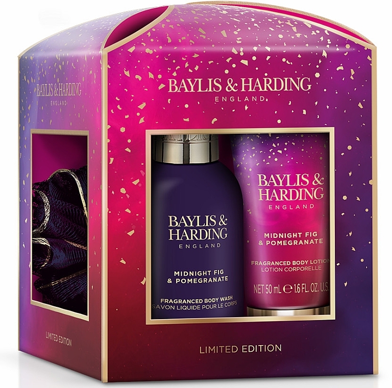 Set - Baylis & Harding Midnight Fig & Pomegranate Luxury Essentials Treat Box Gift Set (sh/gel/100 ml + b/lot/50 ml + washcloth/1 pcs) — photo N1