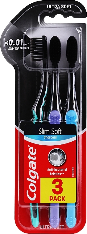 Ultra Soft Toothbrushes, turquoise + purple + blue - Colgate Slim Soft Charcoal Ultra Soft — photo N6