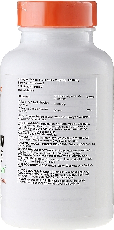 Collagen Types 1 and 3 for Skin and Joints with Vitamin C, 1000 mg - Doctor's Best Collagen Types 1 & 3 with Peptan 1000 mg — photo N2