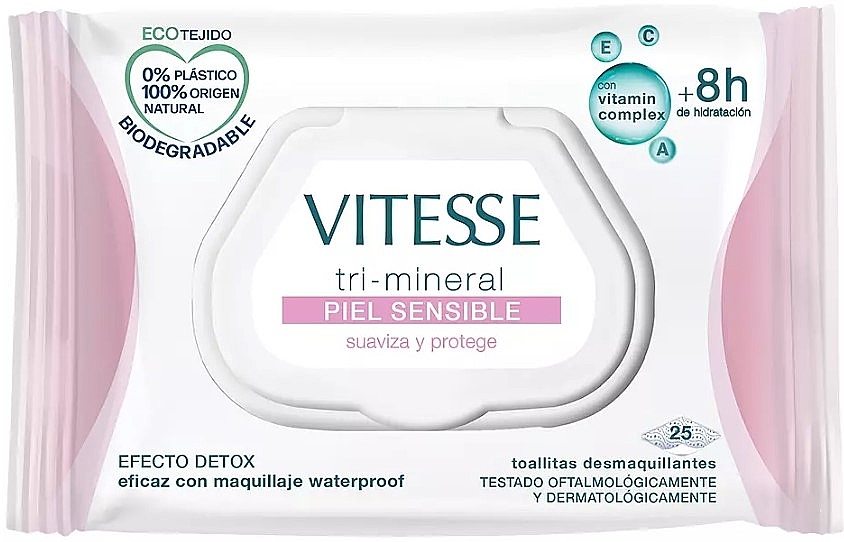 Makeup Remover Wipes for Sensitive Skin, 25 pcs. - Vitesse Make Up Remover Wipes Vitesse Tri-Mineral Sensitive Skin — photo N1