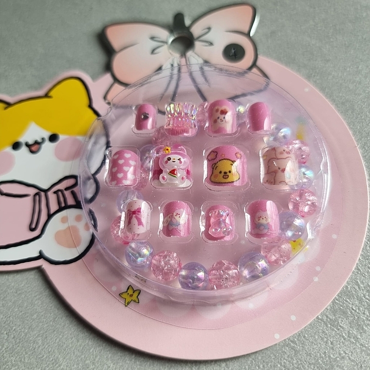 Self-Adhesive 5D Nails for Kids with Bracelet, 932 Teddy bear pink, 12 pcs. - Deni Carte Tipsy Kids — photo N4