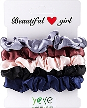 Fragrances, Perfumes, Cosmetics Satin Scrunchie Set, 5 pcs, light pink + burgundy + grey + blue + black - Yeye