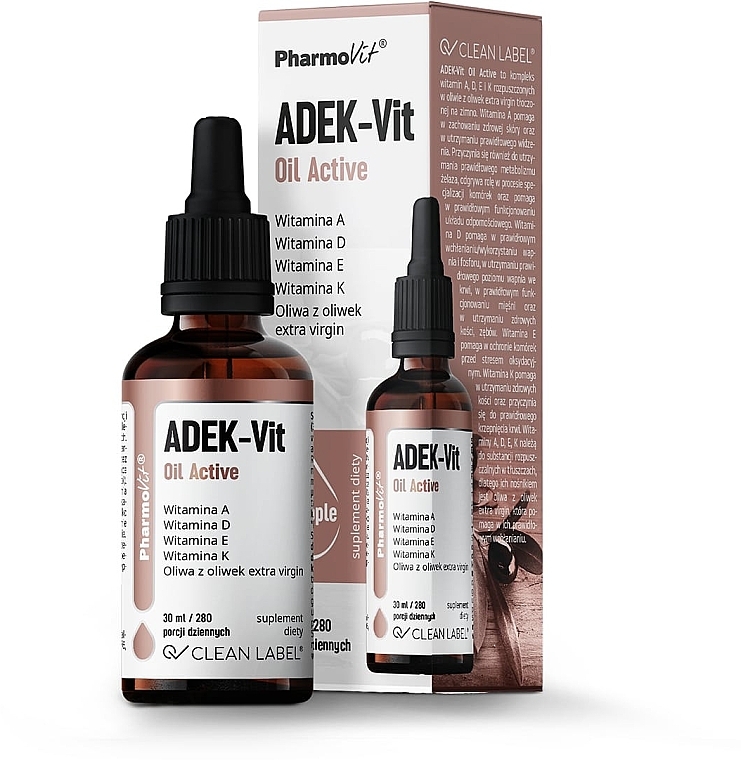 Vitamins ADEK, drops - Pharmovit Clean Label ADEK-Vit Oil Active — photo N1