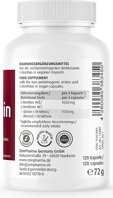 L-Ornithine Food Supplement, 500 mg - ZeinPharma L-Ornithine Capsules — photo N2