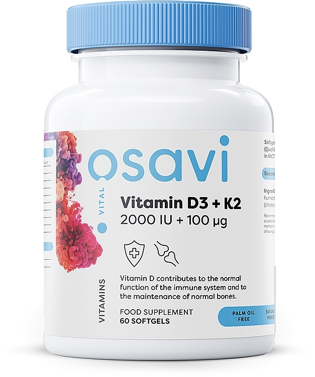 Vitamin D3 + K2 2000 IU Food Supplement, 60 Soft Gels - Osavi Vitamin D3 + K2 — photo N1