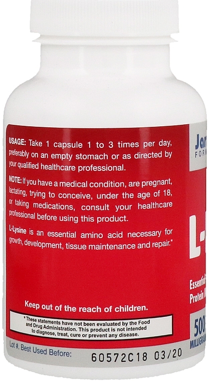 Dietary Supplement "L-Lysine 500mg" - Jarrow Formulas L-Lysine 500mg — photo N5