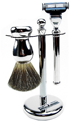 Shaving Set - Golddachs Pure Badger, Mach3 Metal Chrome (sh/brush + razor + stand) — photo N1