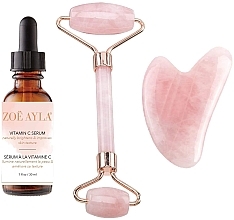 Fragrances, Perfumes, Cosmetics Set - Zoe Ayla Rose Quartz Roller, Rose Quartz Gua Sha & Vitamin-C Serum (f/ser/30ml + f/roller/1pcs + guasha/1psc)